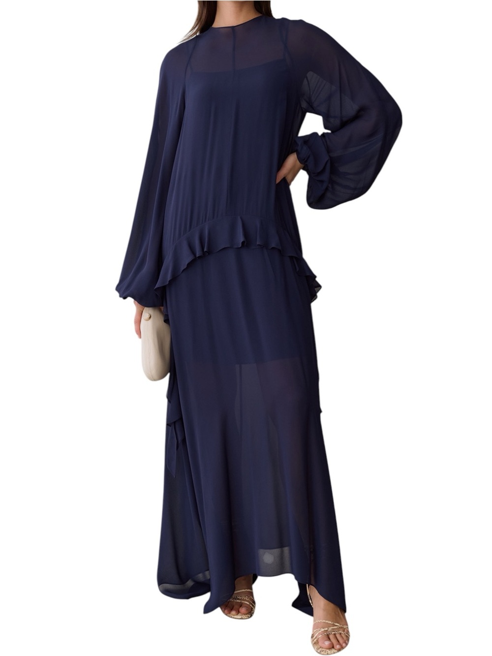 Few Moda o.p.t. Michaela Dress Navy Blue Long Sleeve Ruffle Maxi NWT